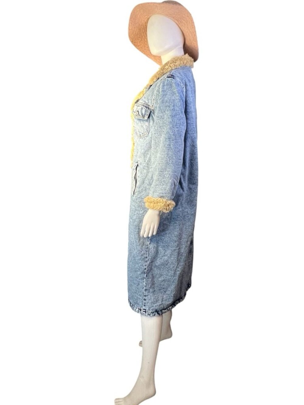 vtg sherpa lined light wash long denim coat jean jacket duster sz S - Picture 5 of 13